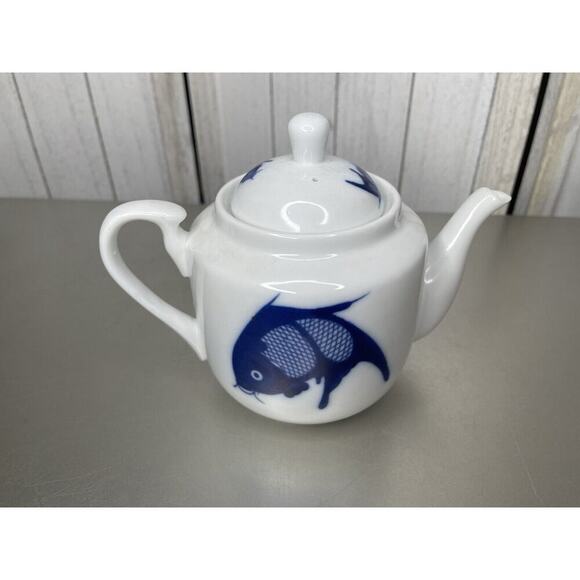 Vintage Misty Rose Koi Fish Teapot Super White China Cobalt Blue - Picture 3 of 7